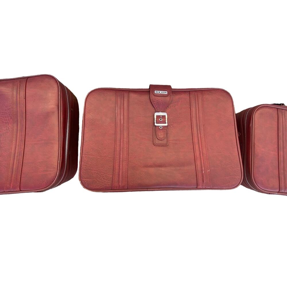 Set of 3 VTG New Vista Korean Travel Luggage Faux Leather Burgundy suitcases - Picture 3 of 16